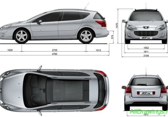 Peugeot 407 SW (2009) (Пежо 407 СВ (2009)) - чертежи (рисунки) автомобиля